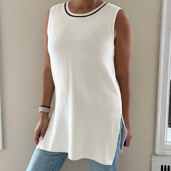 Athleta On the Town Cream with Black Trim Ribbed Knit Sweater Tunic Top Size M - Picture 11 of 16